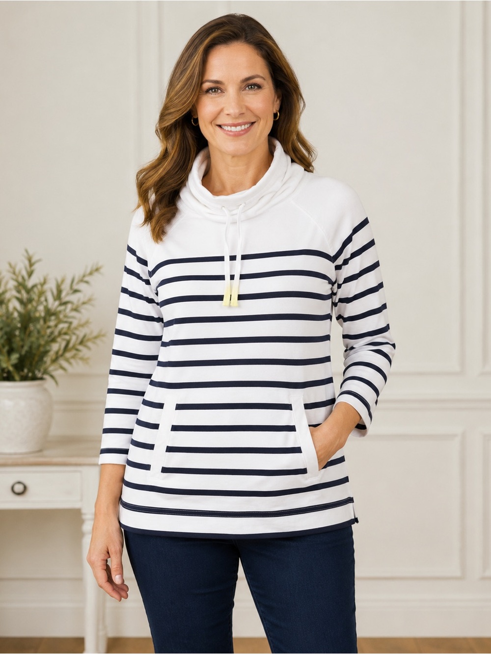 Talbots White and Navy Striped Cowl Neck Sweater M
